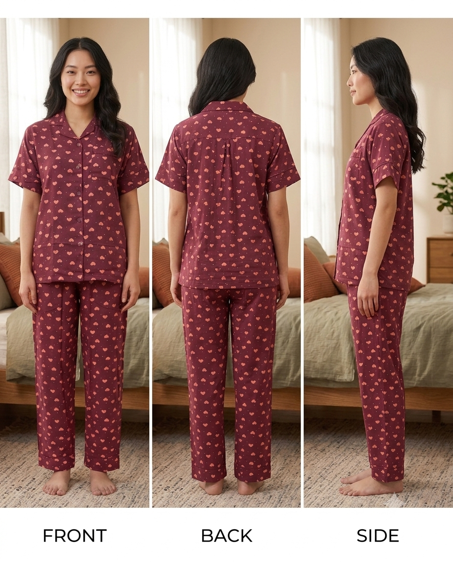 Burgundy heart printed night suite