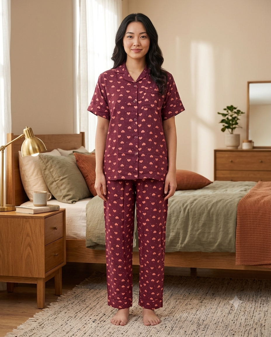 Burgundy heart printed night suite