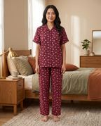 Burgundy heart printed night suite